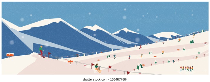 Wide panoramic background of winter adventure ,Alps, fir trees, ski lift, mountains.Winter web banner design. Flat.Winter activities and  Mountaineering adventure concept, vector illustration.
