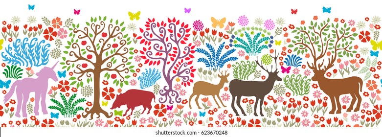 Wide panoramic illustration with forest landscape. Hand drawn trees and animals on white background. Vector pattern for fashion and interior design.