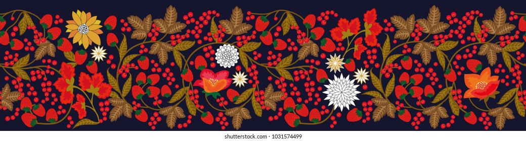 Wide panoramic Russian style floral print. Seamless vector border with strawberries, rowan, flowers and leaves on black background.