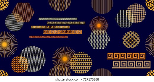 Wide panoramic seamless pattern with abstract geometric shapes. Circles, stripes and hexagons with different ornaments on black background. Composition for textile design, web design, cards.