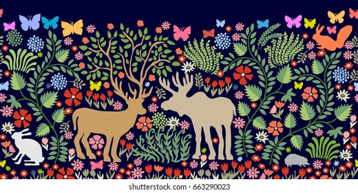 Wide panoramic seamless vector pattern for wall painting and fresco. Fantasy animals in the garden. Deer, elk, squirrel, hare, hedgehog, bushes, blooming floral carpet on dark blue background.