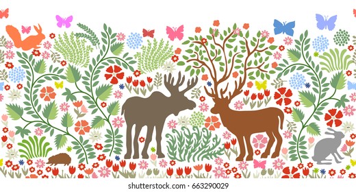 Wide panoramic seamless vector pattern for wall painting and fresco. Fantasy animals in the garden. Deer, elk, squirrel, hare, hedgehog, bushes, blooming floral carpet on white background.