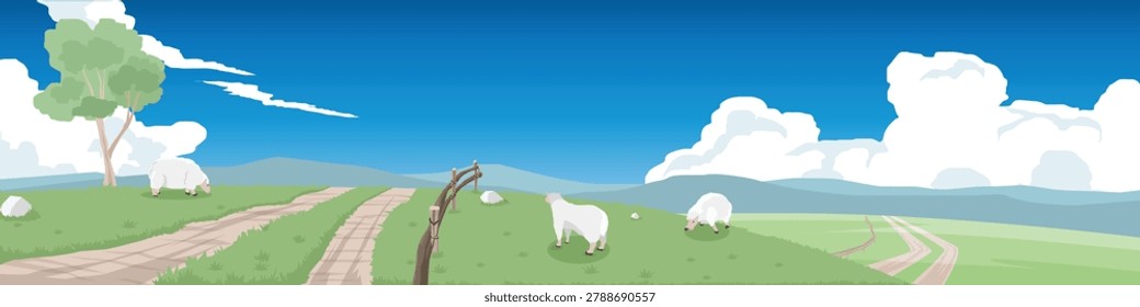 Wide panoramic showing a tranquil countryside. White sheep graze on green grassy hills alongside a dirt road under a clear blue sky with fluffy white clouds.Banner background.