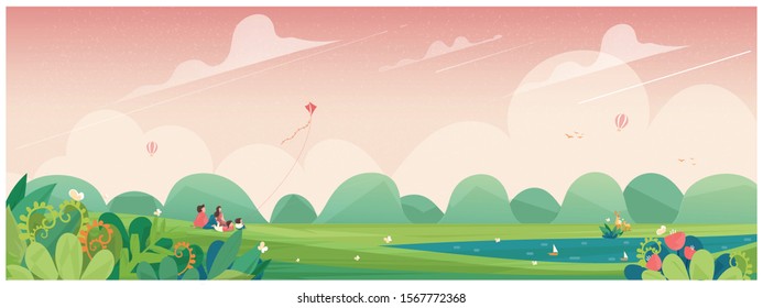 Wide panoramic of spring banner.Family outing to the park or  picnic in countryside  with kite,flower blossom and deer.Concept of people in spring.