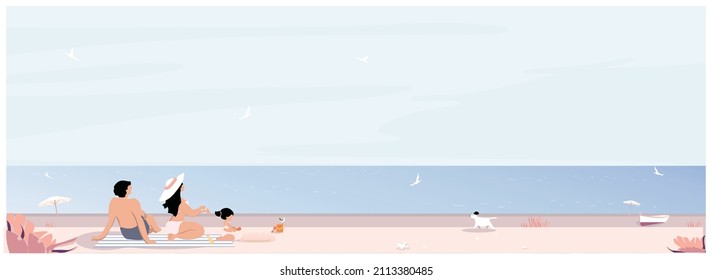 Wide panoramic of summer banner.Family outing to the beach in smmer,cleared sky,sea birds and breach.Concept of family people in summer. 