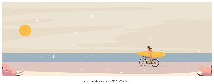 Wide panoramic of summer banner.Girl outing to the beach in smmer,cleared sky,sunshine and beach.Girl ridding the bicycle and carrying surfboard.Concept of family people in summer. 