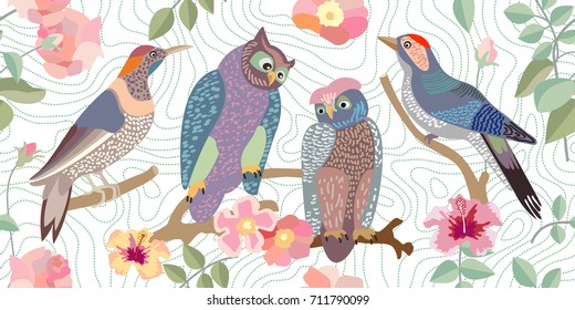 Wide panoramic vector patterns with owls, woodpeckers, roses and branches. Vintage textile collection. On white dotted background.