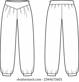 Wide pants flat sketch. Summer trousers apparel design. Front and back. Women CAD mockup. Fashion technical drawing template. Vector illustration.