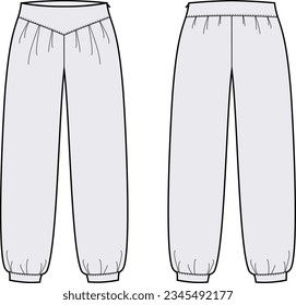 Wide pants flat sketch. Summer trousers apparel design. Front and back. Women CAD mockup. Fashion technical drawing template. Vector illustration.