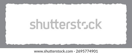 Wide paper frame with jagged edges. White blank torn paper sheet wallpaper. Ripped grunge page template background for text box, banner, collage, sticker, poster. Vector rectangle craft backdrop