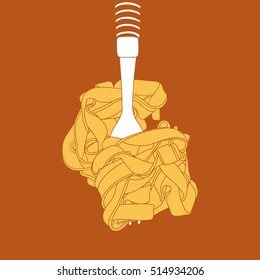 Wide pasta on the fork. Hand drawn noodle vector illustration 