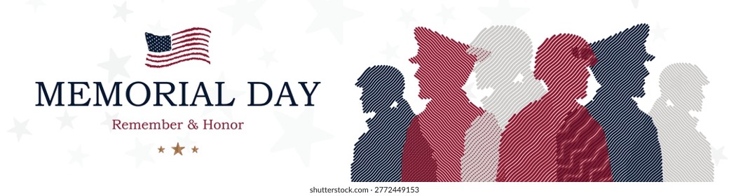 Wide patriotic web banner featuring the United States flag and stylized military personnel silhouettes on a white background with stars. Memorial Day promotions and corporate headers.