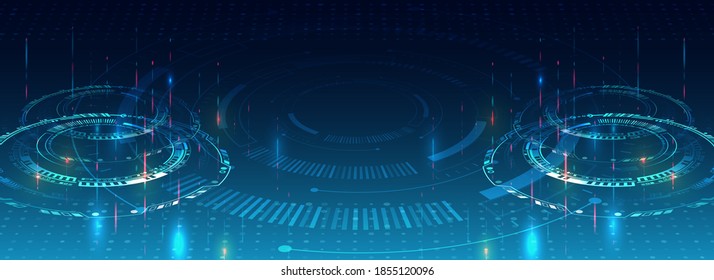 Wide perspective Blue background with various technological elements. Hi-tech computer digital technology concept. 3d Futuristic glowing circle. 