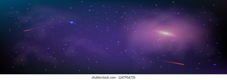 Wide picture of night sky. Milky Way. Space background with planets and stars. Vector Illustration.