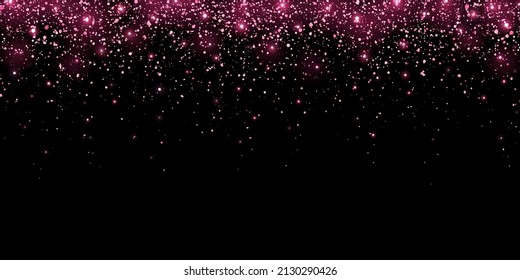 Wide pink glitter holiday confetti with glow lights on black background. Vector