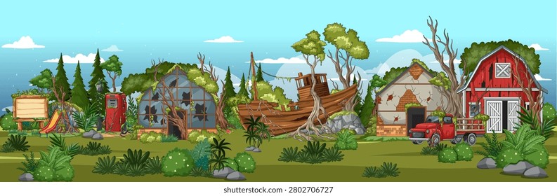 Wide pixel art farm scene with derelict barns, wooden boat, overgrown vegetation, bright daylight