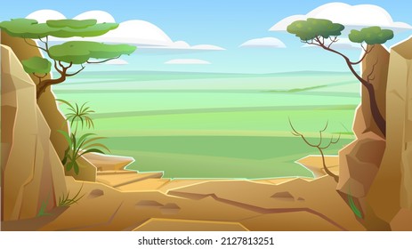 Wide Plain. Fields And Meadows In Distance. Stone Cliffs And Stones Of Mountains. Landscape Of Southern Countryside. Cool Cartoon Style. Vector.