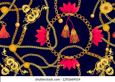 	
Grande impression avec chaînes dorées et brosses inspirées de l'art chinois. Motif vectoriel harmonieux avec éléments de bijoux. Collection de vêtements féminins. Sur fond noir.