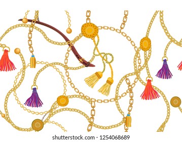 Wide print with golden chains, leather accessories and curtain brushes. Seamless vector pattern with jewelry elements. Women's fashon collection. On white background.