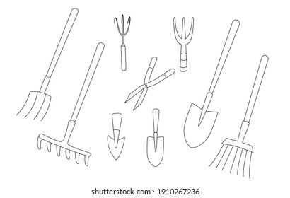 A wide range of accessories for the garden and vegetable garden for soil processing and plant care. Simple linear illustration. Suitable for using children's coloring pages, thematic posts and publica