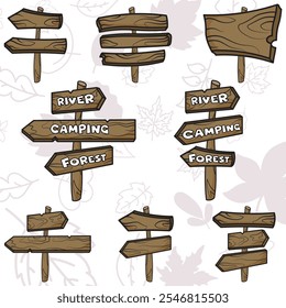 A wide range of arrow boards indicating directions, places, in nature or mountains, vector design, editable.