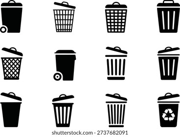 A wide range of black icons depicting trash cans and recycling bins in various forms, suitable for waste management.