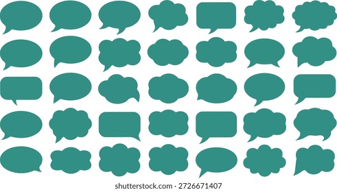 Una amplia gama de símbolos de comunicación, con varios estilos de discurso y burbuja de pensamiento en verde azulado contra un lienzo blanco limpio.