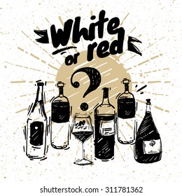 A wide range of different sketched bottles and wine glasses on white paper
