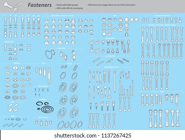 Wide range of fasteners in isomeric, front and rear projection. All objects are thick/thin line, white fill and grouped for ease of use.