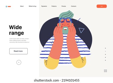 Wide Range - Online Shopping And Electronic Commerce Web Template - Modern Flat Vector Concept Illustration Of A Surprised Young. Promotion, Discounts, Sale And Online Orders Concept