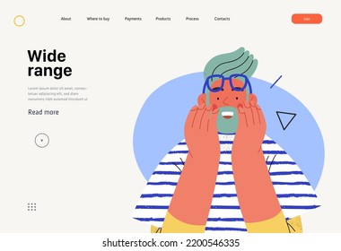 Wide Range - Online Shopping And Electronic Commerce Web Template - Modern Flat Vector Concept Illustration Of A Surprised Young. Promotion, Discounts, Sale And Online Orders Concept