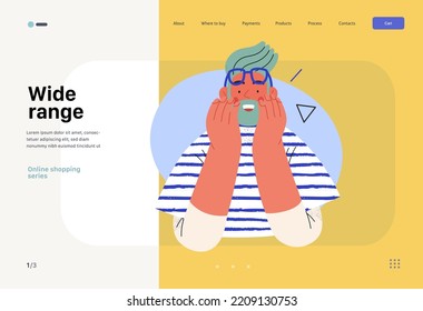 Wide Range - Online Shopping And Electronic Commerce Web Template - Modern Flat Vector Concept Illustration Of A Surprised Young. Promotion, Discounts, Sale And Online Orders Concept