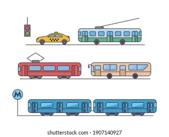 una amplia gama de transportes urbanos, como autobuses, vagones de metro, trolebuses, tranvías y taxis. ilustración lineal vectorial plana aislada en fondo blanco