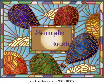 Wide rectangular frame in a stained glass style with five colorful hot air balloons against the blue sky and clouds