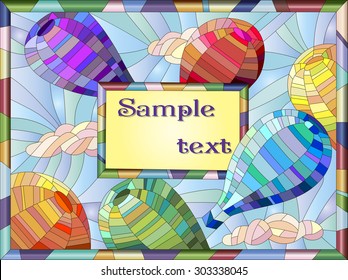 Wide rectangular frame in a stained glass style with five colorful hot air balloons against the blue sky and clouds