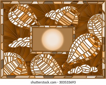 Wide rectangular frame in a stained glass style with hot air balloons on a background of sky and clouds, sepia