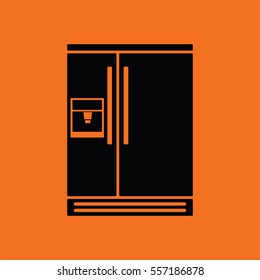 Wide refrigerator icon. Orange background with black. Vector illustration.
