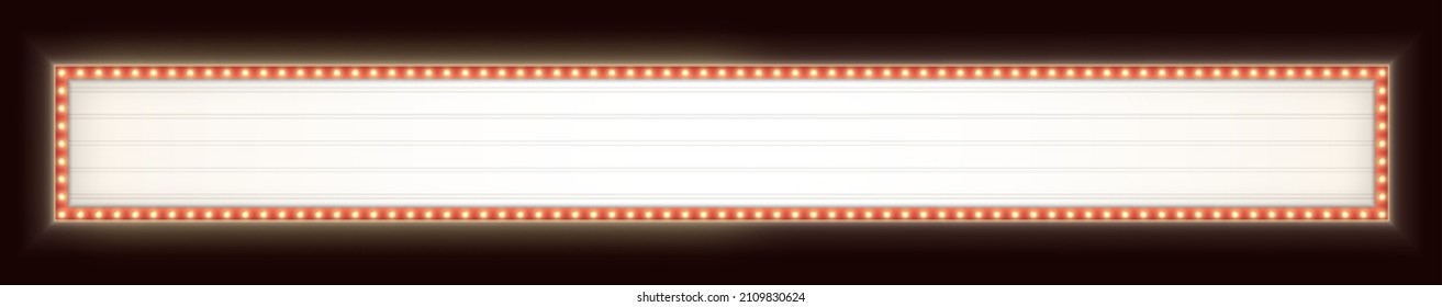 Wide retro lightbox with light bulbs. Vintage theater signboard. Horizontal marquee billboard with lamps. svg