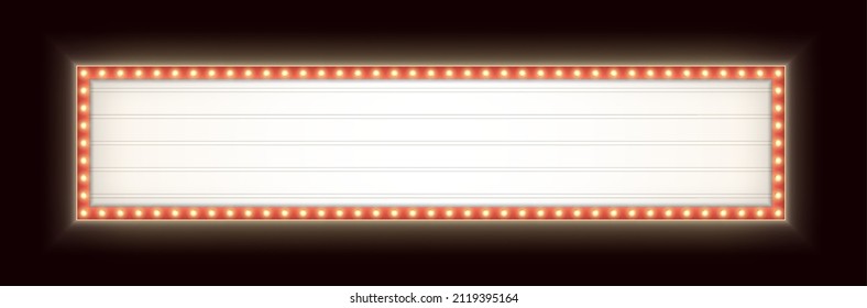 Wide retro lightbox with light bulbs. Vintage theater signboard. Horizontal marquee billboard with lamps. svg