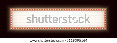 Wide retro lightbox with light bulbs. Vintage theater signboard. Horizontal marquee billboard with lamps.