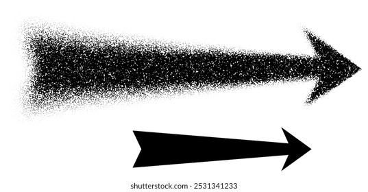 A wide right-pointing arrow created in scattered dot art and solid black styles, symbolizing directional movement. Vector illustration.