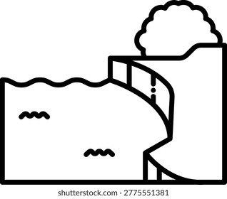 A wide river flowing to the edge of a steep earthy cliff and dropping off.