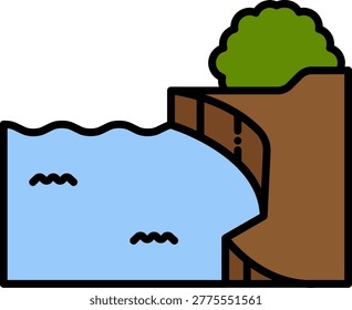 A wide river flowing to the edge of a steep earthy cliff and dropping off.