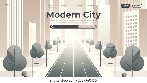 Wide road leading into cityscape filled with tall buildings trees line the street. Ideal for urban planning city living modern lifestyle technology infrastructure and architecture themes. Light muted