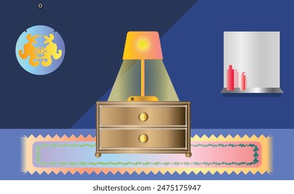 Wide Room with dark blue walls painted. Painting hanging on the wall. Mirror with two bottles. Table lamp on the table with bright light. Light blue floor with beautiful mate. Vector EPS available