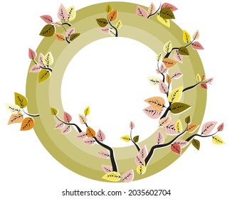 Wide round frame with autumn leaves for the design of postcards, photographs, covers. Vector illustration, isolated background