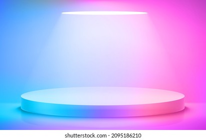 Wide round pedestal with neon light. Realistic 3d style vector illustration