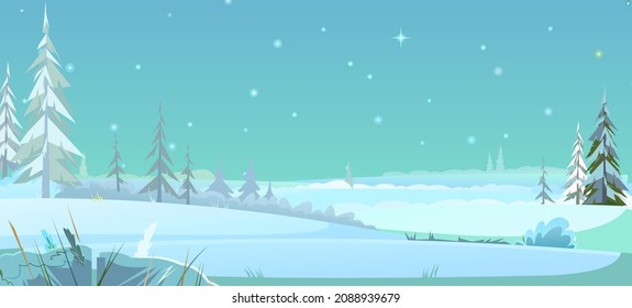 Wide rural night landscape in winter. Fields in the snow and drifts. Strong frost. Starry sky. Rustic garden and hills. Pine trees. Illustration in cartoon style flat design. Vector