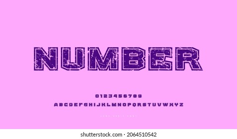 Wide sans serif font with contour. Letters and numbers with rough texture for sport logo and emblem design. Vector illustration