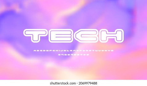 Wide sans serif font with rounded corners and contour. Letters and numbers for sci-fi logo and emblem design. White print on blurred background